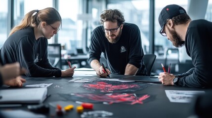 Poster - Team collaboration in a modern office, focused on a creative project with brainstorming and designing on a large table.
