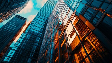 Close-up of the facade of a modern skyscraper with reflective glass windows and geometric patterns