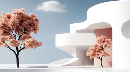 Abstract architectural design with circular cutouts and a view of nature.