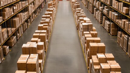 Poster - Spacious warehouse filled with neatly stacked boxes on shelves, representing efficient storage and organization in a distribution center.