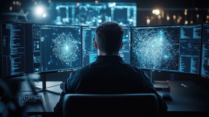 Aufkleber - Person working at multiple computer monitors with complex data and network visualization, showcasing technology and cybersecurity.