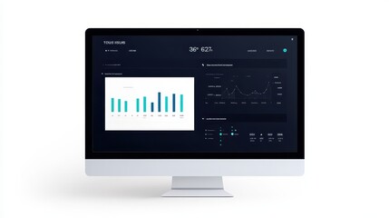 Fototapete - Modern computer monitor displaying data analysis and financial graphs on a dark screen, isolated on a white background.