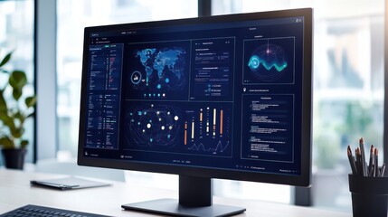 Poster - Modern computer monitor displaying data analytics dashboard with charts, graphs, and maps in a bright office setting.