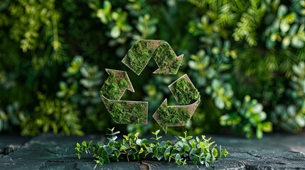 A moss-covered green recycling symbol set against a lush green background symbolizes nature, renewal, and sustainability, promoting eco-friendly concepts.