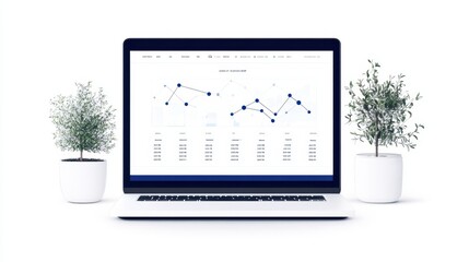 Poster - Laptop with data charts on screen, placed between two potted plants, depicting business analytics and growth on a white background.