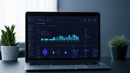Fototapete - Laptop displaying data analytics and performance statistics on a desk with two potted plants in a modern, minimalistic office setting.