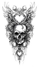 Tribal Skull and Winged Heart Tattoo black and white illustration