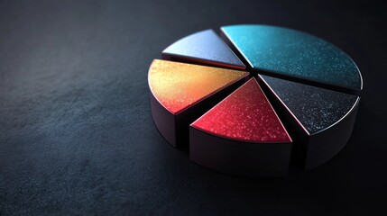 Poster - Detailed 3D pie chart with metallic textures, each segment separated slightly, dark background