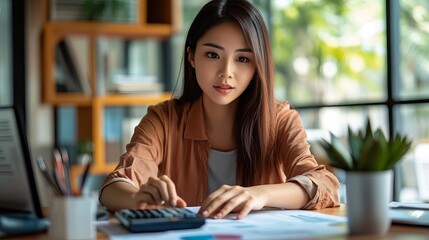 A young Asian accountant displaying a positive attitude uses a calculator at her desk to calculate earnings and reviews the business growth report incorporating accounting and marketing