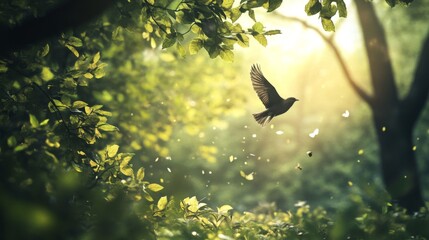Poster - Detailed shot of a bird flying through a forest, with trees and leaves creating a natural backdrop