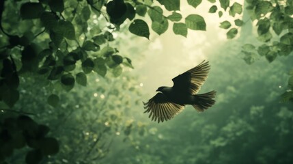 Poster - Detailed shot of a bird flying through a forest, with trees and leaves creating a natural backdrop