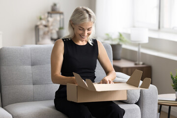 Satisfied woman on-line shopper sit on sofa open parcel box with bought goods smiling while review quality of items. Electronic commerce client, surprise from friend, secure transportation services