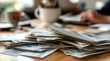 Wall Mural - Pile of unpaid bills on a desk, representing financial trouble and bankruptcy.