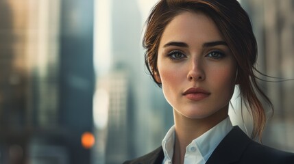 Aufkleber - Detailed shot of a businesswoman with a clear, focused expression, dressed in business attire and standing against a cityscape background