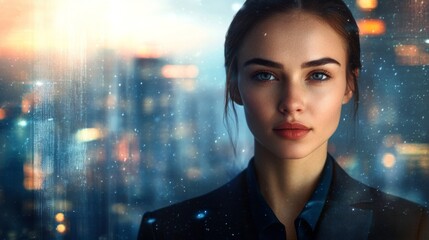 Aufkleber - Detailed shot of a businesswoman with a clear, focused expression, dressed in business attire and standing against a cityscape background