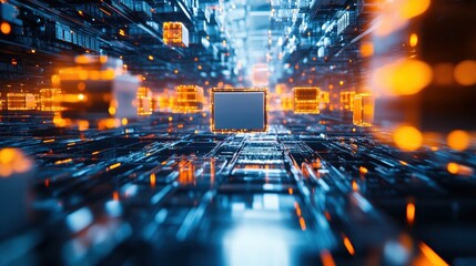 Fototapete - Futuristic technology network concept with glowing circuits and digital connections in a vibrant cyber space environment.