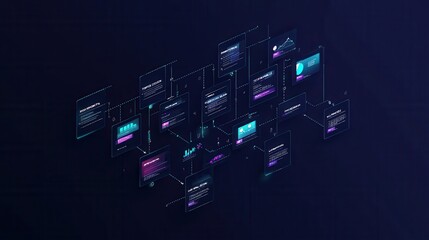 Poster - Futuristic data visualization with interconnected graphs and diagrams on dark background representing technology and digital networks.