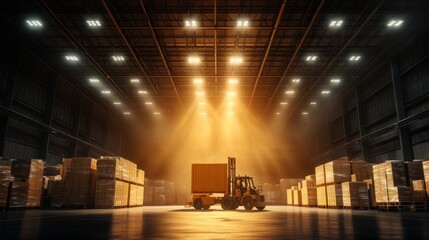 Poster - Forklift handling cargo in a large warehouse with stacks of boxes under bright lighting, showcasing industrial logistics and storage.