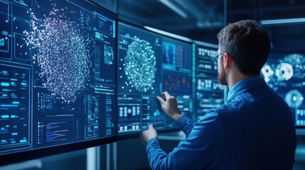 Poster - Engineer analyzing data on multiple digital screens in high-tech control room, working with futuristic technology and data visualization.