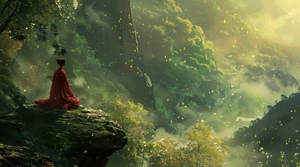 Mystical Forest Landscape With Person In Meditation