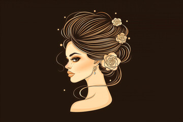 Wall Mural - A woman with long brown hair and a flowery headband. The hair is styled in a bun and the flowers are placed on her head