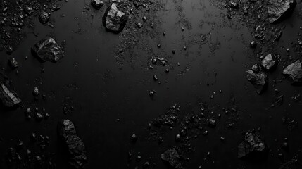 Poster - Dark textured background with scattered black stones and rocks, creating a strong and dramatic visual effect for creative projects.