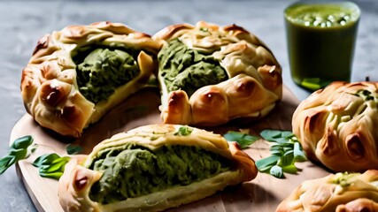 Canvas Print -  Deliciously baked pastry with a vibrant green filling perfect for a healthy snack or meal