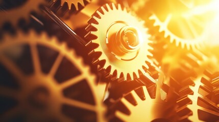 Close-up view of interlocking gears in warm lighting, symbolizing teamwork, technology, and engineering precision in industrial machinery.