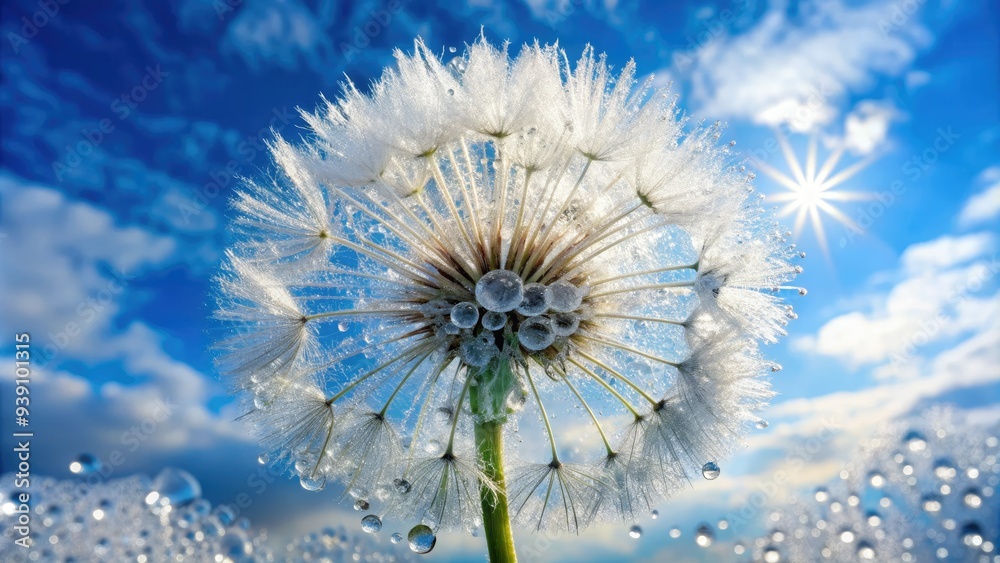 Delicate, feathery pappus of a dandelion clock glistens in morning dew ...