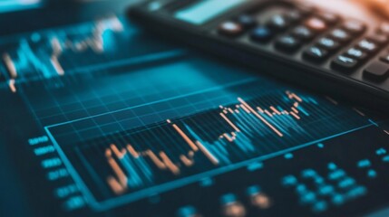 Fototapete - Detailed shot of a financial graph with rising and falling market trends, with a calculator and documents