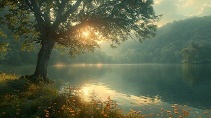 Poster - Serene Lake Sunset: Tranquil Nature Photography