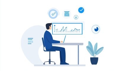 Aufkleber - Businessman analyzing data on a computer screen. Office setup with plants and digital analytics icons. Concept of remote work and data analysis.