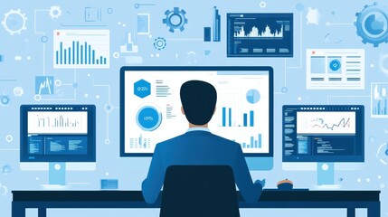 Poster - Businessman analyzing data and statistics on multiple computer screens in a modern office setting with complex charts and graphs.