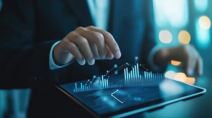 Leinwandbilder - Business professional analyzing financial data on a tablet with glowing stock market charts and graphs in a modern office environment.