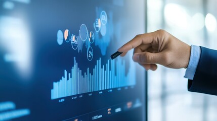 Poster - Business professional analyzing data on a digital screen, showcasing graphs and charts for financial and market trends.