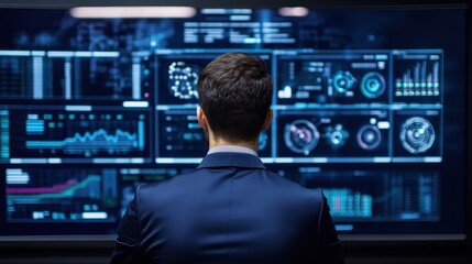 Poster - Business professional analyzing data on multiple screens, focusing on digital analytics, big data trends, and technology insights in a modern office.