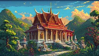 Wall Mural - A vibrant and intricate pixel art landscape featuring a traditional Thai temple set against a backdrop of lush green hills