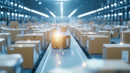 Poster - Automated warehouse with cardboard boxes on conveyor belts, showcasing logistics, distribution, and modern technology.
