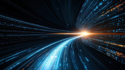 Leinwandbilder - Abstract high-speed digital data concept, showcasing fast futuristic technology with vibrant blue and orange light trails.