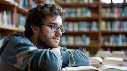 A young adult in a library pondering over a book they are reading