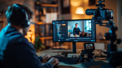 Wall Mural - A young man is focused on creating a programming tutorial in his cozy home office, surrounded by screens and camera equipment, showcasing a blend of technology and creativity