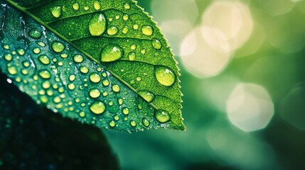 Poster - Detailed shot of a leaf with droplets of water forming a pattern, with a blurred background emphasizing the droplets