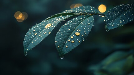 Poster - Detailed shot of a leaf with droplets of water forming a pattern, with a blurred background emphasizing the droplets