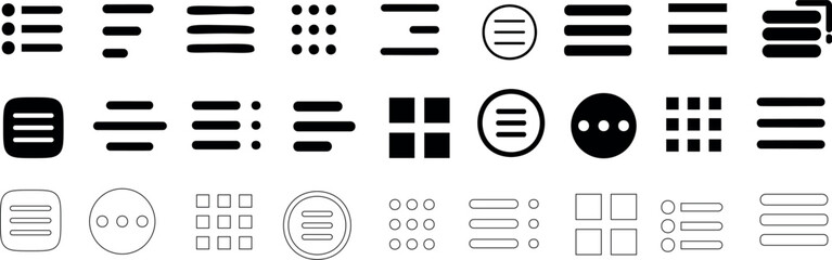 Wall Mural - hamburger menu vector set, three line menu icon, UI symbol, user interface vector symbols, navigation elements, web buttons filled and outline designs, flat icons element