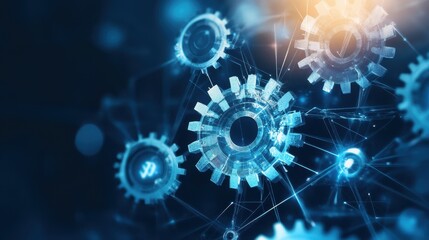 Poster - Abstract close-up image of interconnected gears in a digital network representing technology, innovation, and teamwork.