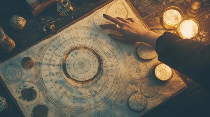 A person’s hand delicately follows the intricate patterns of an old astrological chart surrounded by glowing candles and various mystical objects in a dark setting