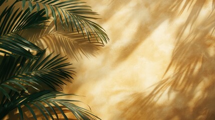 Poster - Tropical green palm tree leaves casting shadows on an orange wall