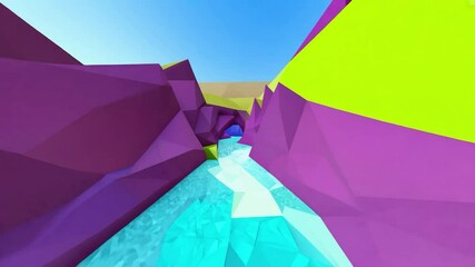 Poster - A colorful digital landscape flows through polygonal mountains and rivers, showcasing vibrant shades of purple and blue in a serene environment