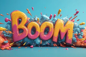 Poster - Boom text exploding with colorful paint splatter