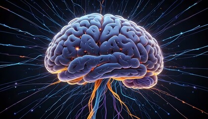 A image of a 3d rendered illustration of a electronic metal human brain with neon growing lightning